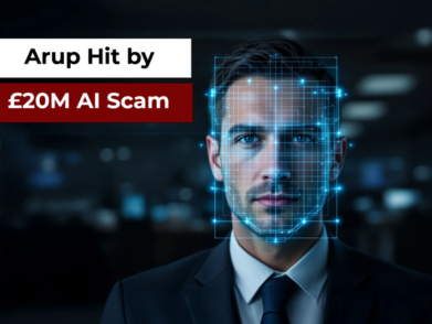 Businessman with digital facial recognition overlay highlighting AI scam news.